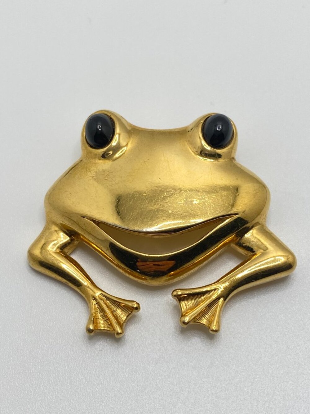 Vintage 1980s D'Orlan Gold Tone Frog Brooch with Cabochon Eyes Novelty Animal